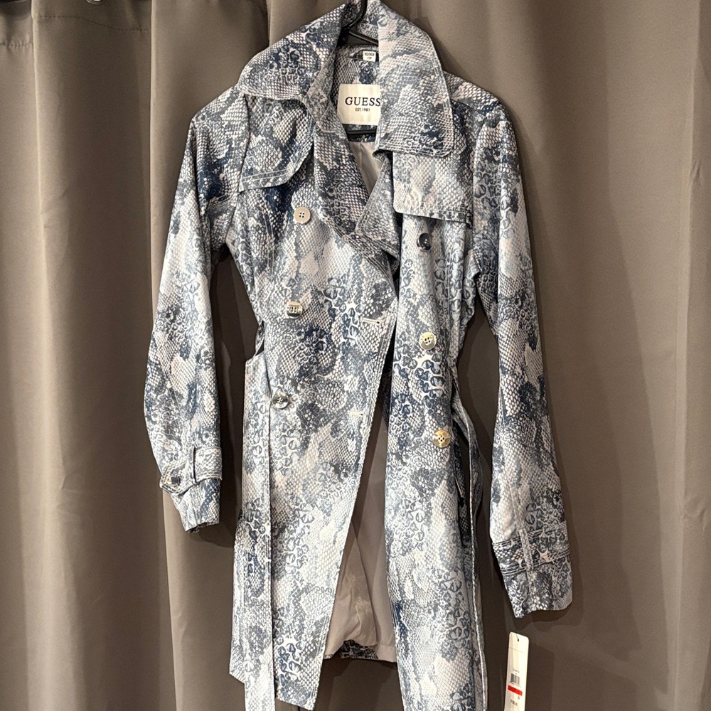 GUESS Women's Gray and Blue Snake Print Trench Coat